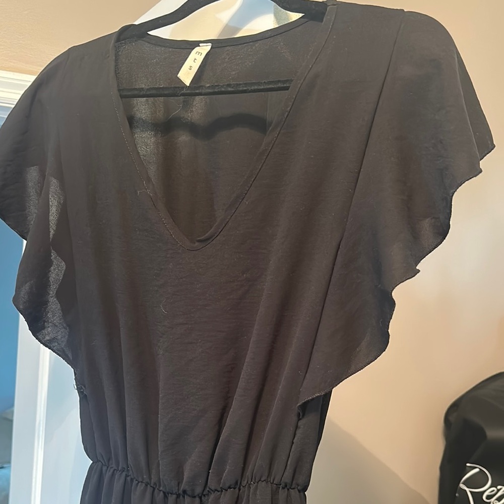 Black V-Neck Flutter Sleeve Dress